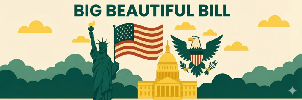 Flat graphic illustration featuring the Statue of Liberty, the U.S. Capitol, an American flag, and a stylized eagle, designed in a mid-century modern poster style. Banner text reads “Big Beautiful Bill.”