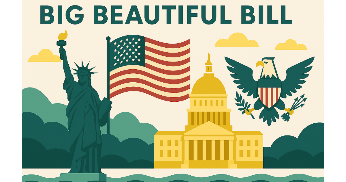 Illustration of the Statue of Liberty, U.S. Capitol Building, American flag, and bald eagle representing a federal education bill.