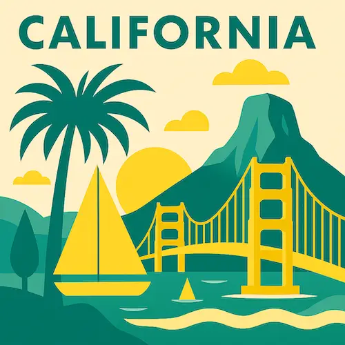 Illustration of California with Golden Gate Bridge, palm tree, mountains, and sailboat at sunset.